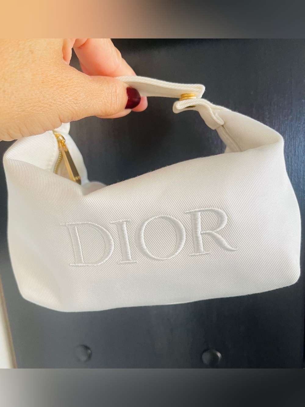 Dior White Embroidered Canvas Mini Bag with Gold Zip